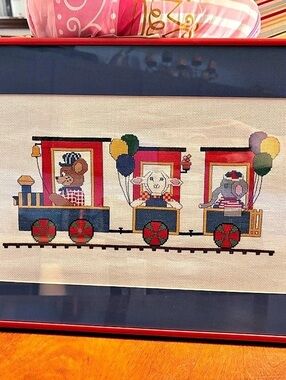 Framed Train Needlepoint in Red & Blue